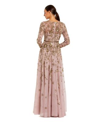 Women's Long Sleeve Mesh Floral Embellished Gown