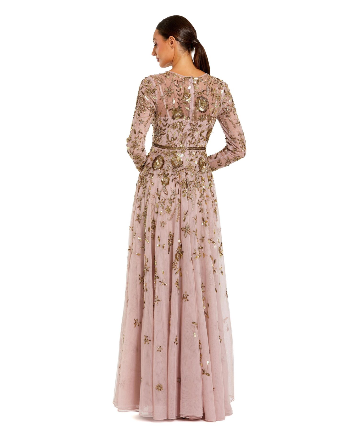 Women's Long Sleeve Mesh Floral Embellished Gown