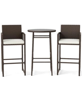 3 Piece Wicker Patio Bar Set w/ 2 Seat Cushions Glass Tabletop for Backyard