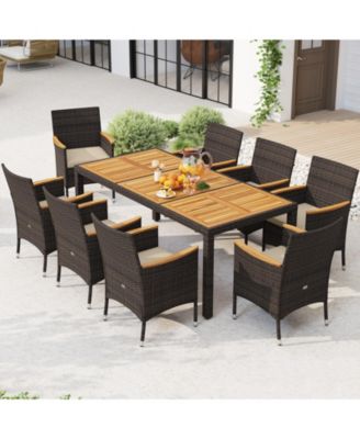 9 Pieces Patio PE Wicker Dining Set Outdoor Acacia Wood Table & Chairs