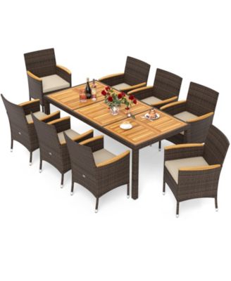 9 Pieces Patio PE Wicker Dining Set Outdoor Acacia Wood Table & Chairs