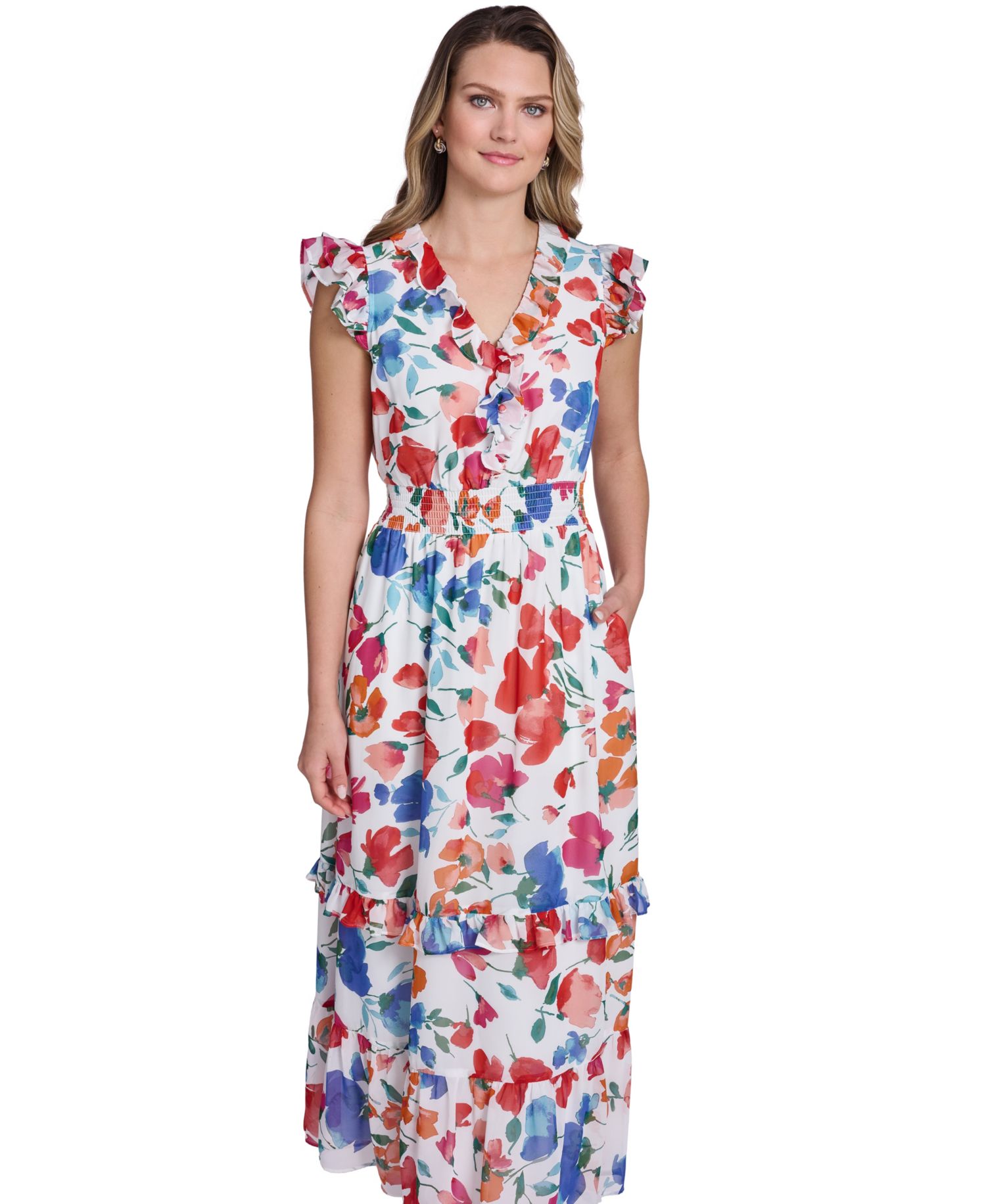 Petite Printed Smocked-Waist Midi Dress