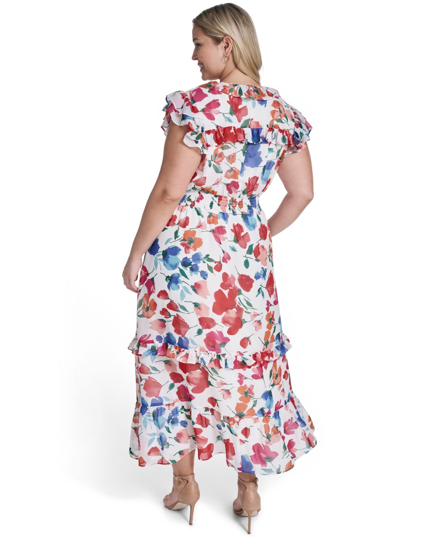 Plus Size V-Neck Smocked Waist Midi Dress