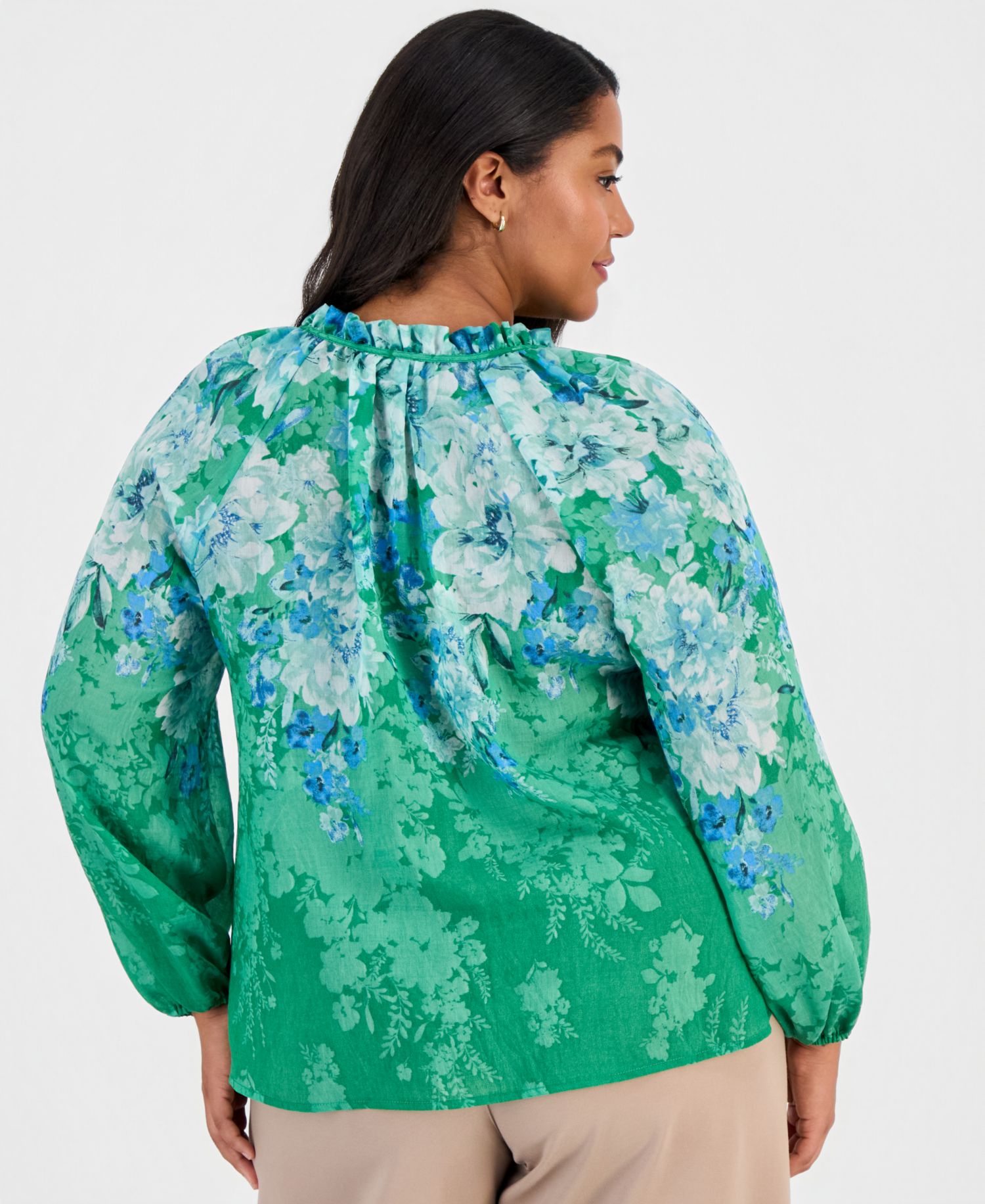 ASL Plus Size Long-Sleeve Floral Bow Blouse
