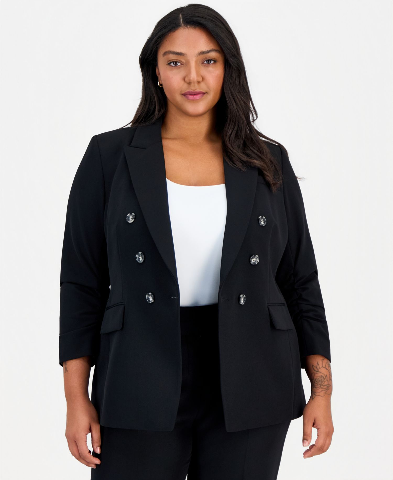 ASL Plus Size Ruched-Sleeve Asymmetrical Blazer