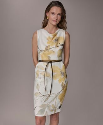Women's Floral Sheath Midi Dress with Lariat Belt