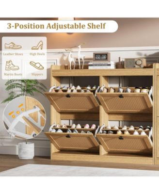 2PCS Of Shoe Cabinet with 4 Deep Flip Drawers Base Freestanding Wooden Shoe Storage Cabinet with Rattan Door and 3-Tier Adjustable Shelves