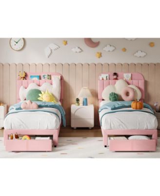 Set of 2 Bed Frame for Kids - Velvet Upholstered Platform Bed with Storage Bookcase Headboard & Large Drawer, Girls Bed, Noise-Free