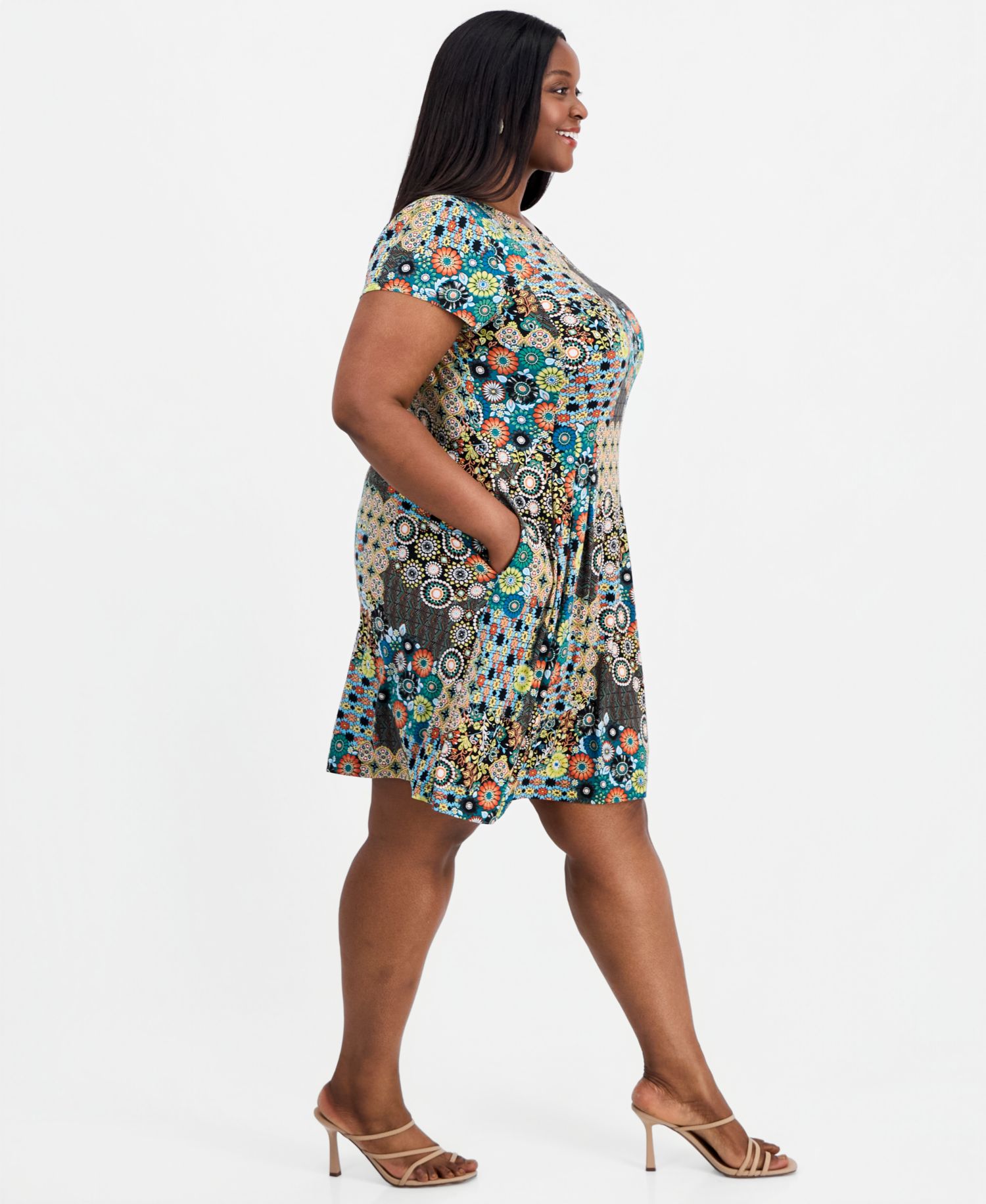 Plus Size Printed Round-Neck Short-Sleeve Dress