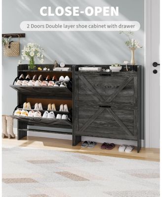 Narrow Shoe Cabinet with 2 Flip Drawers Freestanding Hidden Shoe Rack for Entryway Bedroom and Hallway