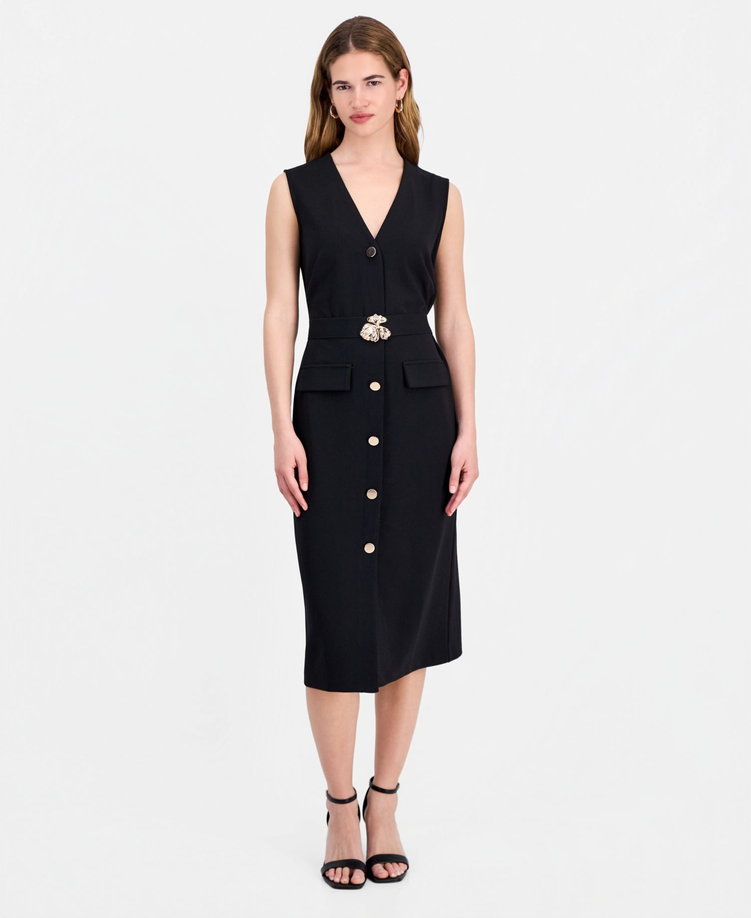Women's V-Neck Sleeveless Belted Sheath Dress