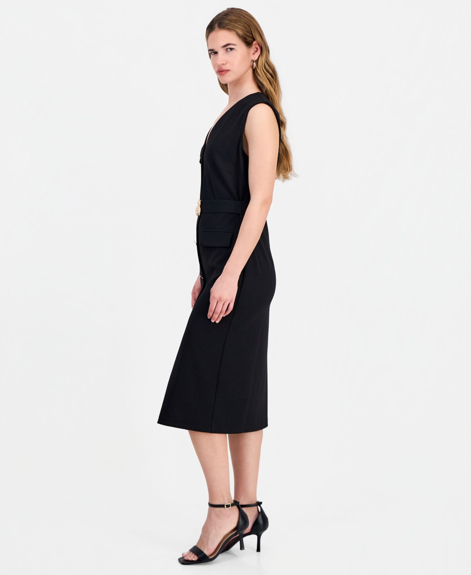 Women's V-Neck Sleeveless Belted Sheath Dress