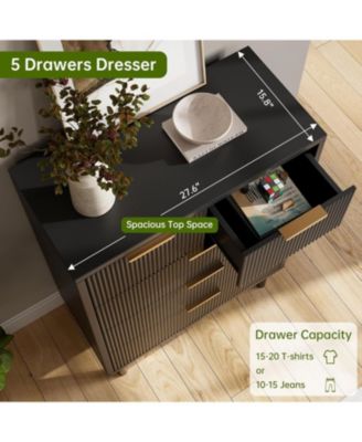 Black Wave Fluted 5 Drawer Dresser for Bedroom, Modern Wood Chest of Drawers with Wide Drawers, Closet Dresser Organizer, Entryway
