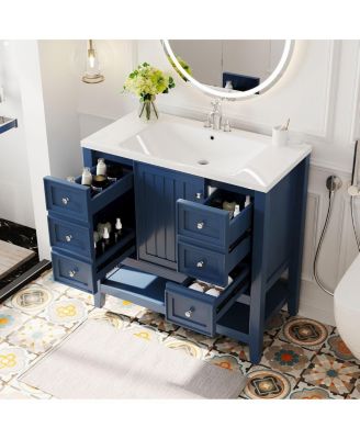 36" Bathroom Vanity with Ceramic Sink, Solid Wood Cabinet, 3 Drawers & Adjustable Shelf for Modern Bathrooms