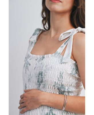 Maternity Bodycon Floral Smocked Midi Dress with Adjustable Tie Straps