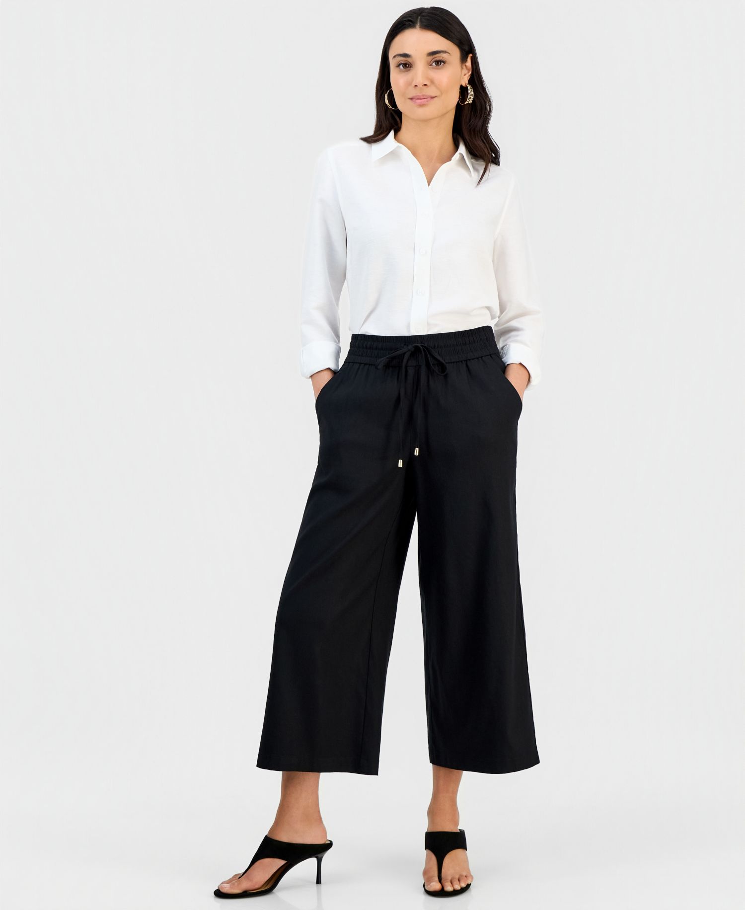 Petite Cropped Linen Wide-Leg Pants