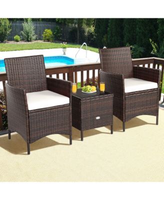 3PCS Outdoor Rattan Conversation Set Patio Furniture Set w/ White Cushions
