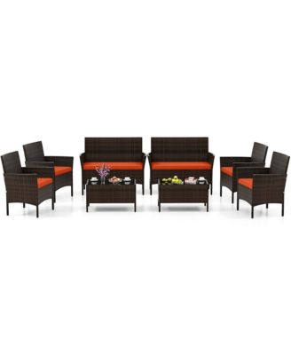 Set of 8 Furniture Set w/ Washable Cushions & Tempered Glass Coffee Table