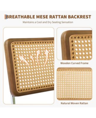 Natural Rattan Dining Chairs Set of 2, Upholstered Boho Chairs with Solid Wood Frame