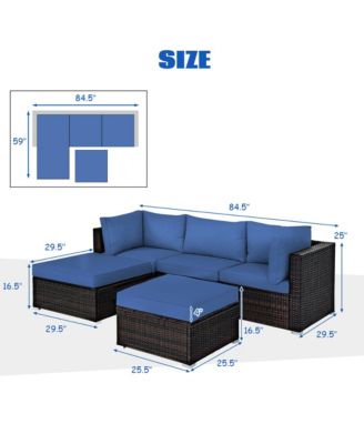 5PCS Rattan Patio Conversation Set Outdoor Furniture Set w/ Ottoman Navy Cushion