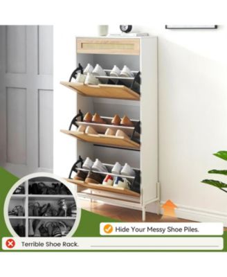 Rattan Shoe Cabinet for Entryway 3 Tier Slim Shoe Rack with Flip Drawers Narrow Door Freestanding Shoe Storage Organizer