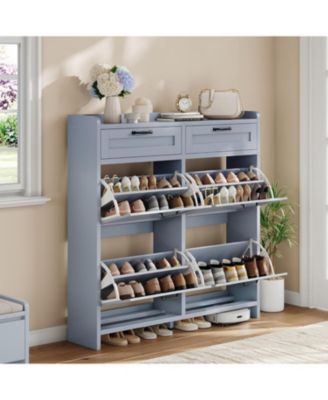 Shoe Cabinet with 4 Flip Drawers and 2 Top Drawers High-Gloss Painted Wood Shoe Storage Cab
