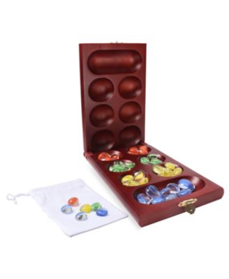 Folding Wooden Mancala Board Game with  Glass Stone and Storage Bag