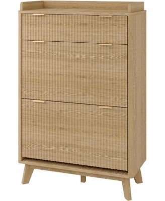 48 inch Tall Freestanding Fluted Shoe Storage Cabinet with 2 Flip Drawers Hidden Narrow Shoe Rack Organizer Cabinet Storage