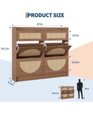 Rattan Shoe Storage Cabinet with 4 Flip Drawers and 2 Drawers Freestanding Organizer for Front Door Entrance Hidden Narrow Shoe Rack