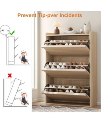 Shoe Cabinet with 3 Flip Drawers Narrow Cabinet with Adjustable and Removable Shelves Modern Wooden Shoe Organizer with Hidden Handle