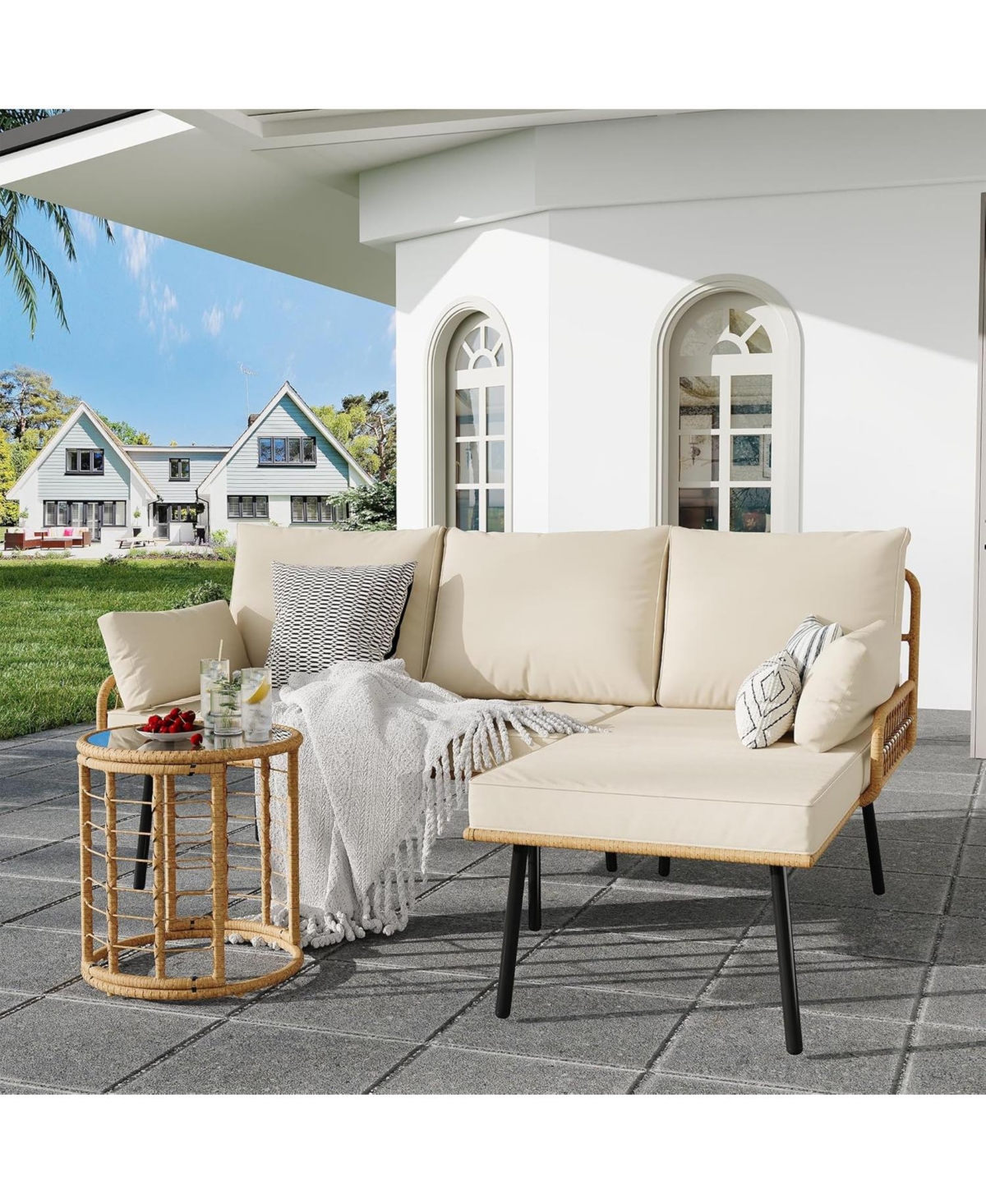 gaomon 3Pcs Rattan Patio Furniture Set, Outdoor Wicker Sectional L-Shaped Sofa with Cushion and Coffee Table, All Weather Conversation Set for Deck