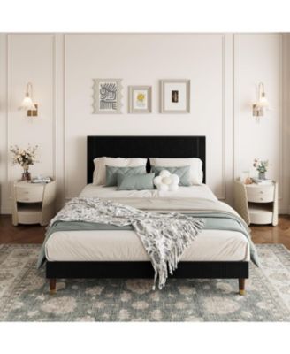 Bed Frame with Upholstered Headboard and Strong Wooden Slats Support, Soft Corduroy Fabric Platform Bed, No Boxing Spring Needed