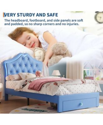 LED Twin Bed Frame for Kids with Beauty Crystal Button Headboard, Upholstered PU Leather Platform Princess Bed with Storage Drawer