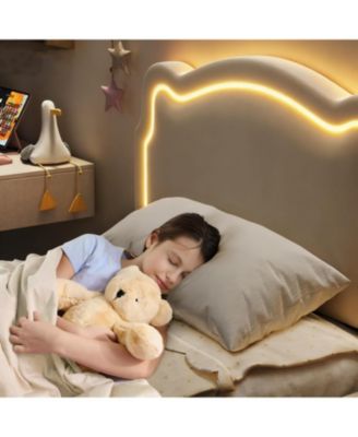 Twin Upholstered Bed Frame with Smart LED and Adjustable Bear Headboard, Velvet Princess Platform Bed, Wooden Slats Support Kids Bed