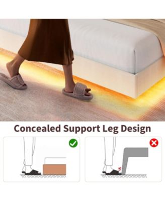 Floating Bed Frame with LED Lights & Charging Station, Upholstered Platform Beds with Storage Headboard & Folding Shelves Storage