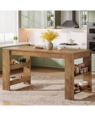 63-Inch Kitchen Island with Storage, Farmhouse Home Bar Table with Double-Sided Storage Shelves, Large Stationary Island Table