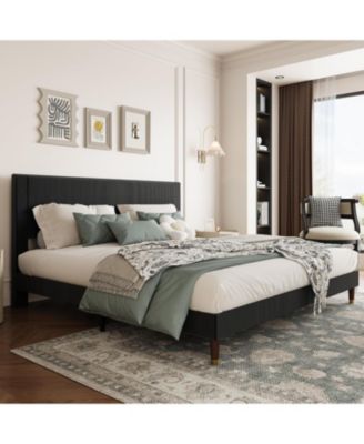 Bed Frame with Upholstered Headboard and Strong Wooden Slats Support, Soft Corduroy Fabric Platform Bed, No Boxing Spring Needed