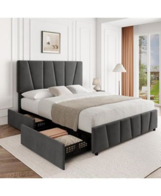 Bed Frame with Adjustable Headboard and 4 Storage Drawers, Soft Upholstered Platform Bed Frames with Wooden Slats Support