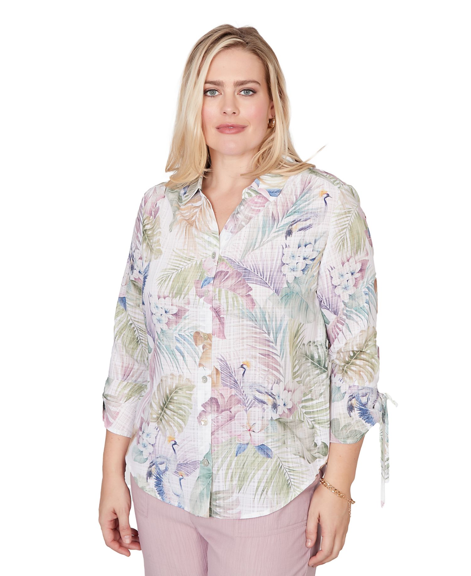 Petite Vintage-Inspired Charm Tropical Button-Front Tie-Sleeve Top