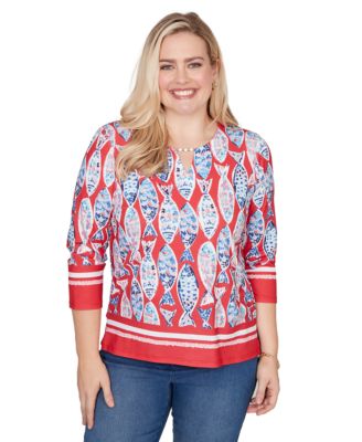 Petite Port Side Mosaic Fish Split Beaded Neck Top