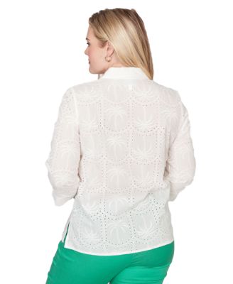 Petite Resort Living Eyelet Palm Tree Button-Front Collared Top