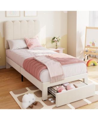 Bed Frame with Under-Bed Drawer, Upholstered Platform Bed with Wave Headboard for Kids/Girls, Wooden Slats Support, No Box Spring Needed