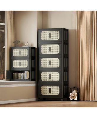 Retro 20" Wide Folding Storage Cabinet, 5 Tiers, Collapsible with Wheels