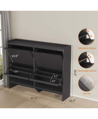 Shoe Cabinet with 4 Flip Drawers Narrow Cabinet with Adjustable and Removable Shelves Modern Wooden Shoe Organizer with Hidden Handle