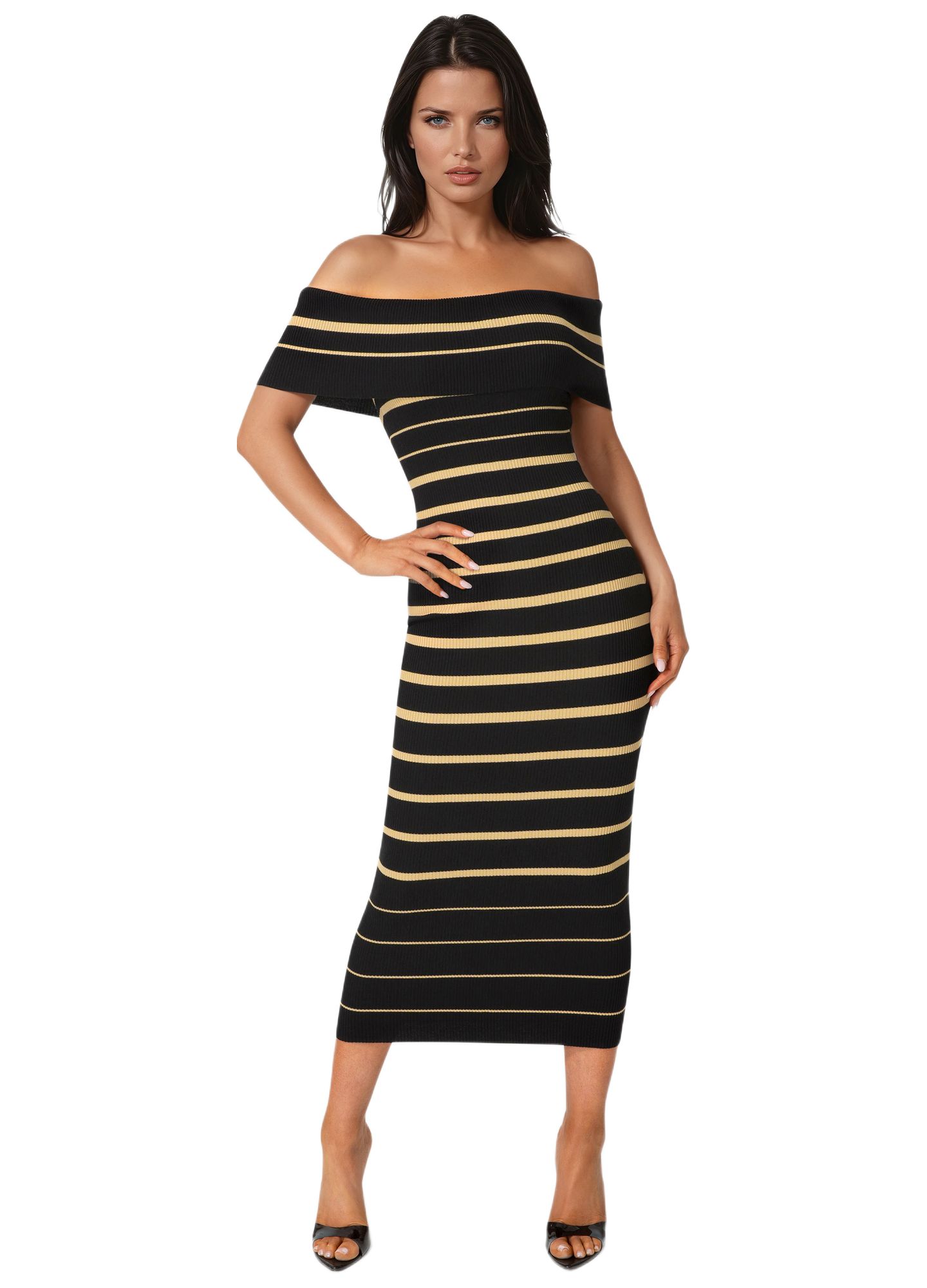 Женское платье Bebe Stripe Off Shoulder Maxi, цвет: Чёрный — фото 1