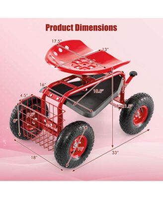 Garden Cart Patio Wagon Rolling Work Seat with Tool Tray Basket Planting