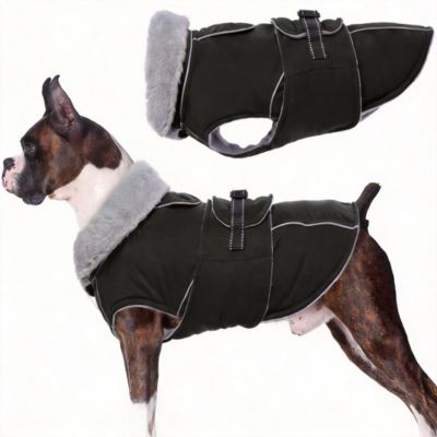 Reflective Waterproof Dog Jacket with Fur Collar & Adjustable Buckle for Cold Weather