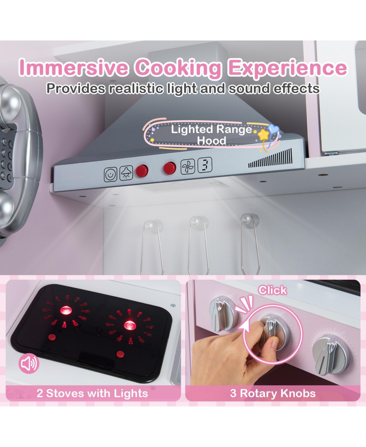 Mecale Pretend Play Kitchen Toy with Range Hood, Ice Maker & Telephone