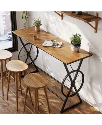 63" Bar Table, Long Counter Height Table, Modern Kitchen Bar Height Table with Footrest & Wheel-Shaped Legs