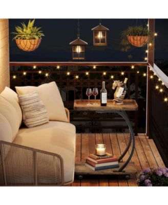 C-Shaped End Table, Industrial 2-Tier Small Side Table with Wheels, Wood Bedside Snack Couch Table with Metal Frame.